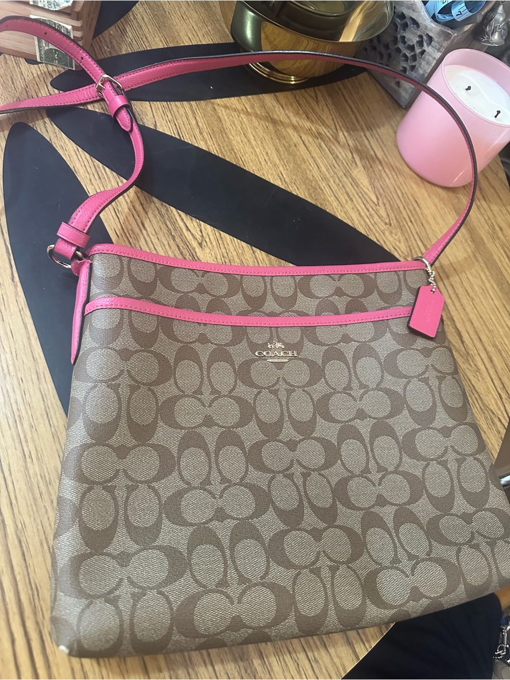 Vintage Coach Signature Crossbody Bag in Brown with Pink Trim